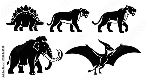 Prehistoric Extinct Animals Silhouettes Set: Dinosaur, Mammoth, Sabertooth Tiger, Pterodactyl