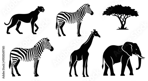 Safari Animals Silhouettes: Elephant, Zebra, Giraffe, Leopard, and Acacia Tree Icons