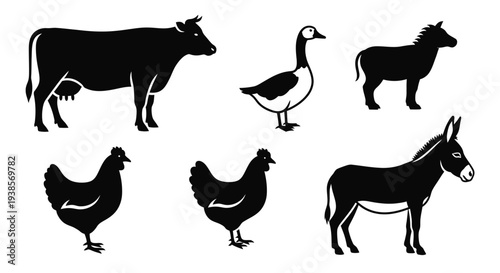 Set of Farm Animals Silhouettes Including Cow, Goose, Horse, Chickens, Donkey