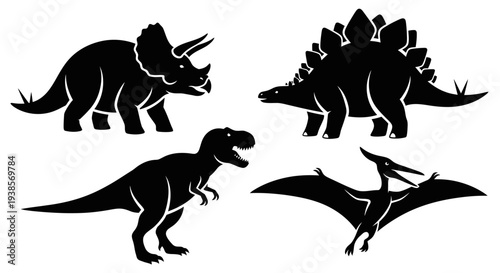 Set of dinosaur silhouettes: Tyrannosaurus Rex, Triceratops, Stegosaurus, and Pterodactyl