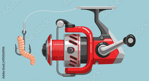 Red Fishing Reel with Lure and Line.