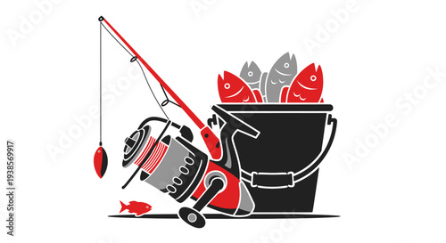 Fishing rod and reel with bucket full of fish.