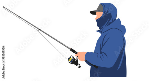 Man wearing blue hooded jacket and cap fishing with a rod.