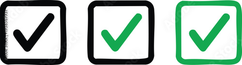 Three checkboxes with black and green checkmarks inside tick