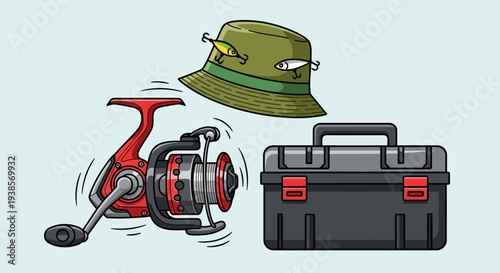 Fishing gear including reel, hat, and tackle box.