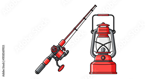 Fishing rod and red lantern illustration on white background.
