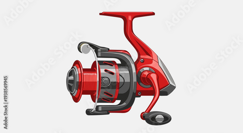 Red and black spinning fishing reel isolated on white background.