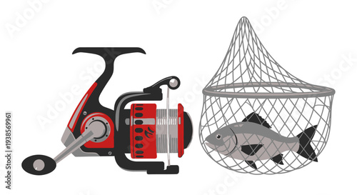 Fishing Reel and Net with Caught Fish Illustration.