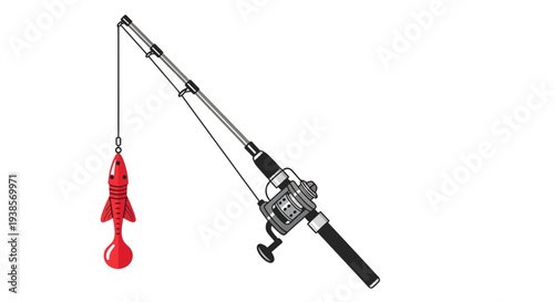 Fishing rod with red lure on white background.
