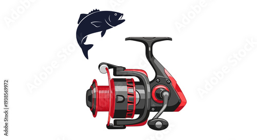 Fishing Reel with Red Accents and Leaping Fish.