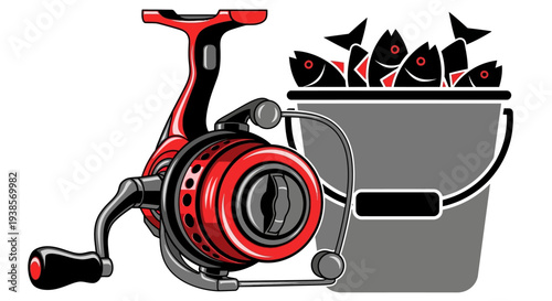 Fishing Reel with Caught Fish in Bucket.
