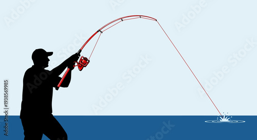 Man fishing silhouette against a calm sea background.