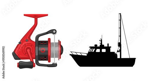Fishing Reel and Boat Silhouette on White Background.