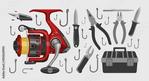 Fishing Gear and Accessories with Hooks and Tackle Box.