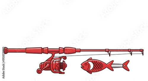 Red fishing rod and reel with fish illustration.