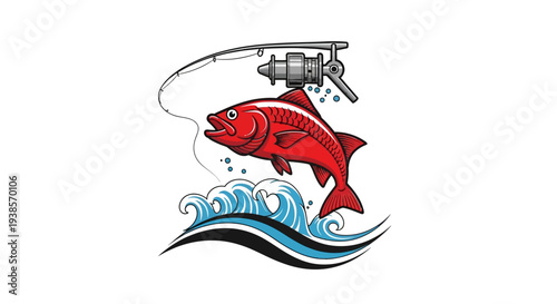Red fish jumping out of water with fishing hook.