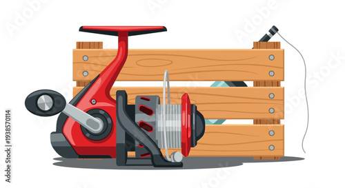 Fishing Reel and Electric Bike on Wooden Background.