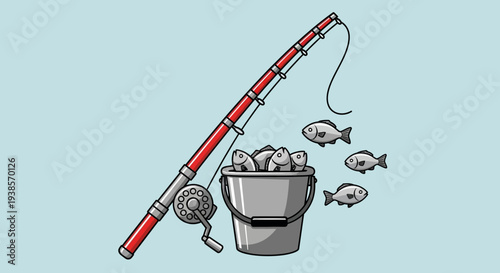 Fishing rod with reel and bucket full of fish on light blue background.