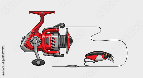 Red and black fishing reel with attached lure and line.