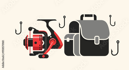 Fishing gear and tackle box illustration with hooks.