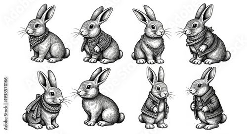 Collection of Adorable Hand-Drawn Rabbits in Various Poses.