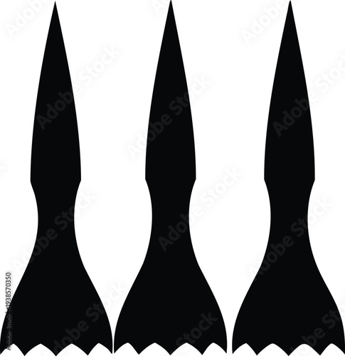 Three black rocket silhouettes on white background