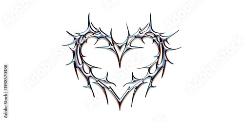 A stylized chrome heart shape surrounded by thorny branches in a graphic illustration