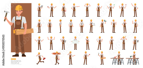 Big Set of Male carpenter working character vector design. Man working and presentation in various action.