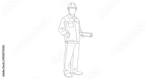 Line drawing of a construction worker holding blueprints facing forward