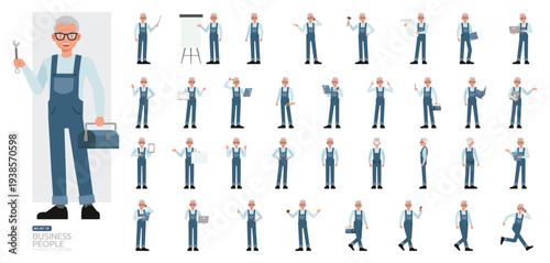 Big Set of Senior male repair technician working character vector design. Man working and presentation in various action.