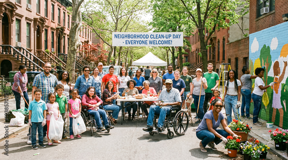 Naklejka premium Large diverse group of people gathered on a residential street with a banner and a vibrant mural in the background.