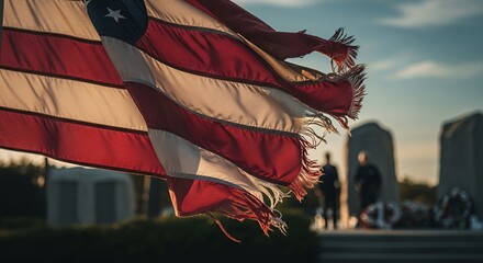 Tattered US Flag Waving, Memorial Day or Veterans Day