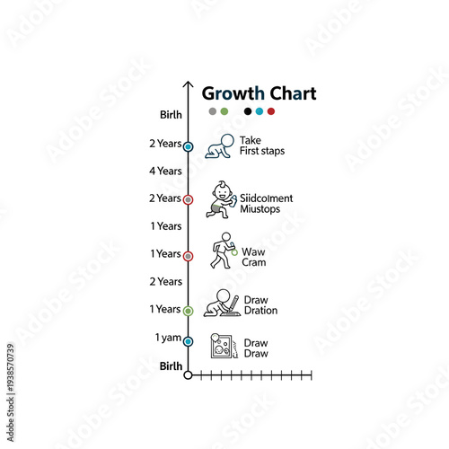 A simple infographic growth chart illustrating a child's developmental milestones from birth through early childhood, including first steps, running, and drawing activities.