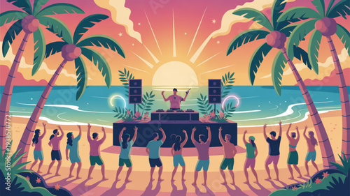 People dancing on beach at sunset party with dj palm trees and vibrant tropical atmosphere fun summer vacation scene