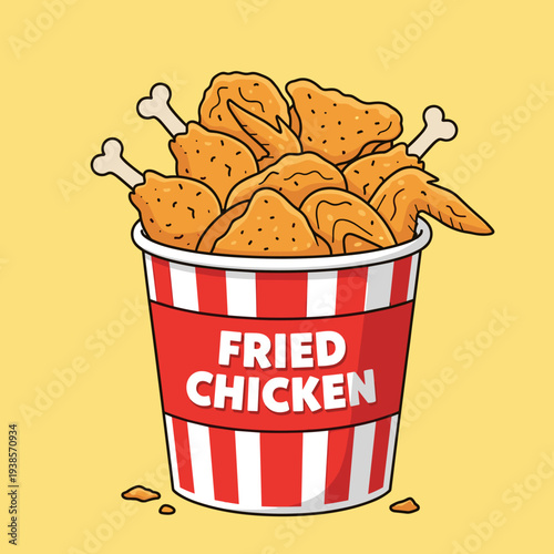 A vibrant illustration of a red and white striped bucket overflowing with delicious, golden-brown fried chicken pieces.