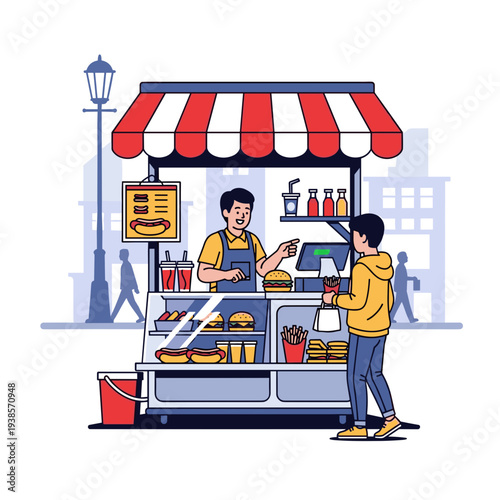 Street food vendor serving a customer at a vibrant outdoor stall in a bustling city environment.