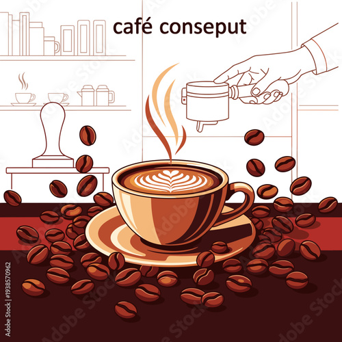 Hand preparing espresso with a steaming latte art coffee cup and scattered coffee beans in a cafe setting.