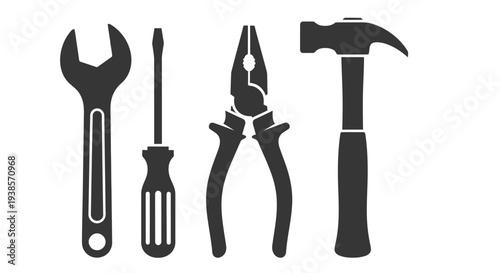 Black silhouette icons depicting common hand tools arranged in a horizontal line