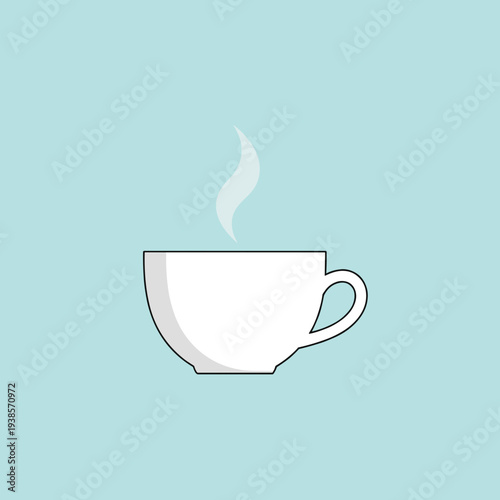A simple white cup with steam rising from a hot beverage, set against a clean light blue background in a flat design style.
