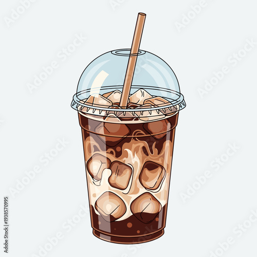 Refreshing iced coffee drink with milk and ice cubes in a clear plastic cup with a straw, perfect for summer.