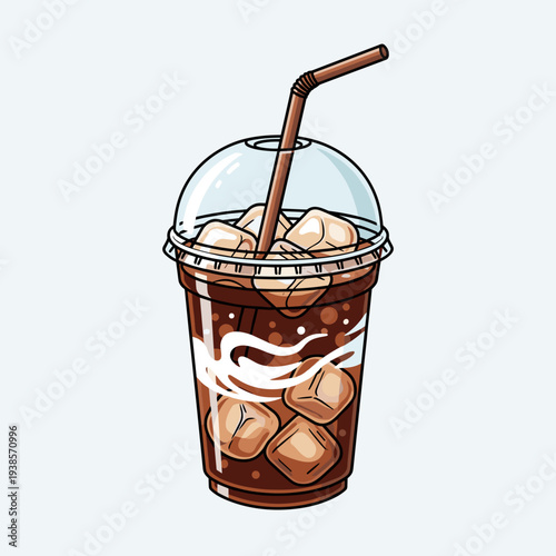 A refreshing iced coffee with ice cubes and a straw in a clear plastic cup, perfect for a hot day.
