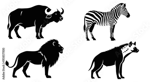 African Safari Animals Silhouette Set: Buffalo, Zebra, Lion, and Hyena Graphic Icons