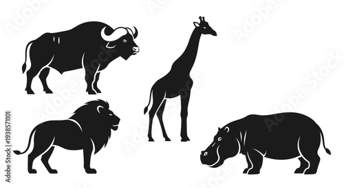 African Animals Silhouettes Collection: Buffalo, Giraffe, Lion, Hippo