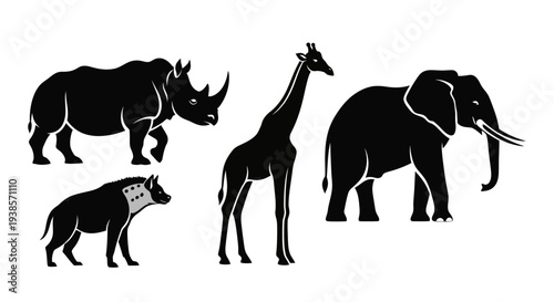 African Safari Animals Silhouettes: Rhinoceros, Giraffe, Elephant, Hyena