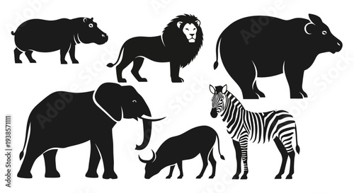 African Safari Animals Silhouettes Collection. Wild Fauna Vector Set.