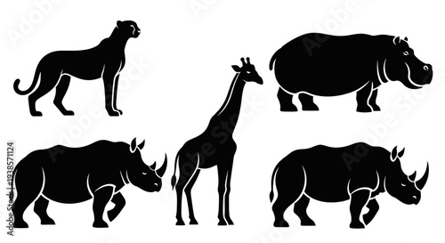 African Safari Animals Silhouettes Set - Cheetah, Giraffe, Hippo, Rhinos Vector Collection