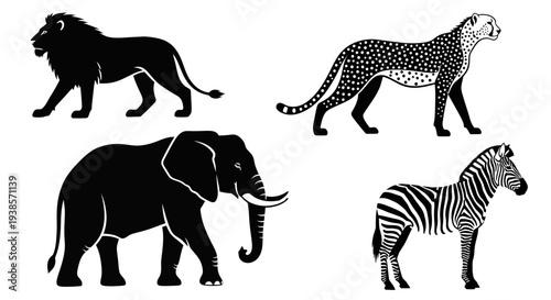 African Safari Animals Silhouettes Set: Lion, Cheetah, Elephant, Zebra Wildlife Icons