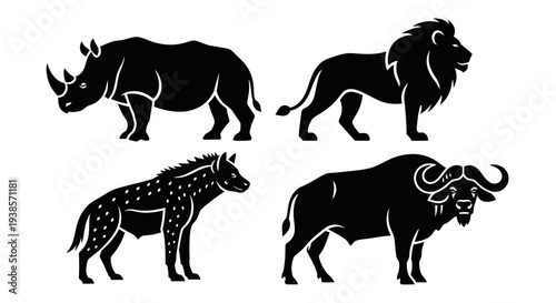 African Safari Animals Silhouettes Set: Rhino, Lion, Hyena, and Buffalo Vector Graphics