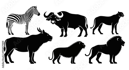 African Safari Animals Silhouettes Set. Wild Wildlife Collection.