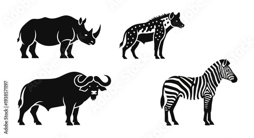 African Safari Animals Silhouettes Set: Rhino, Hyena, Buffalo, Zebra Icons